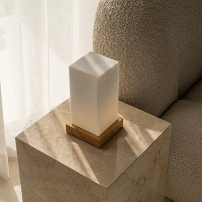 Zayn Light Brown Wooden Rechargeable Table Lamp | Dimmable, Glass & Cordless