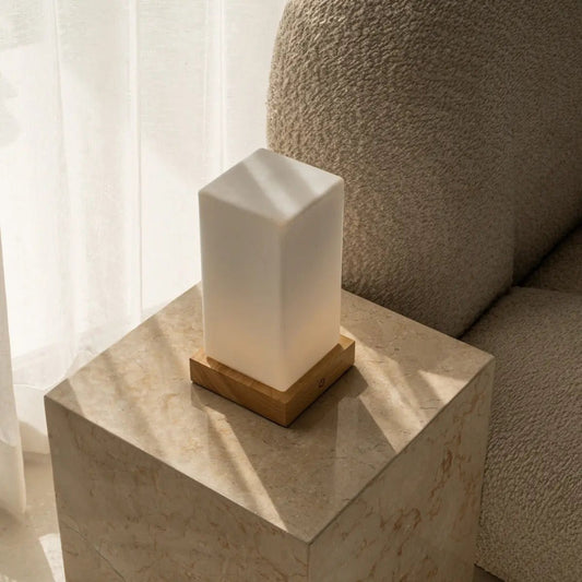 Zayn Light Brown Wooden Rechargeable Table Lamp | Dimmable, Glass & Cordless