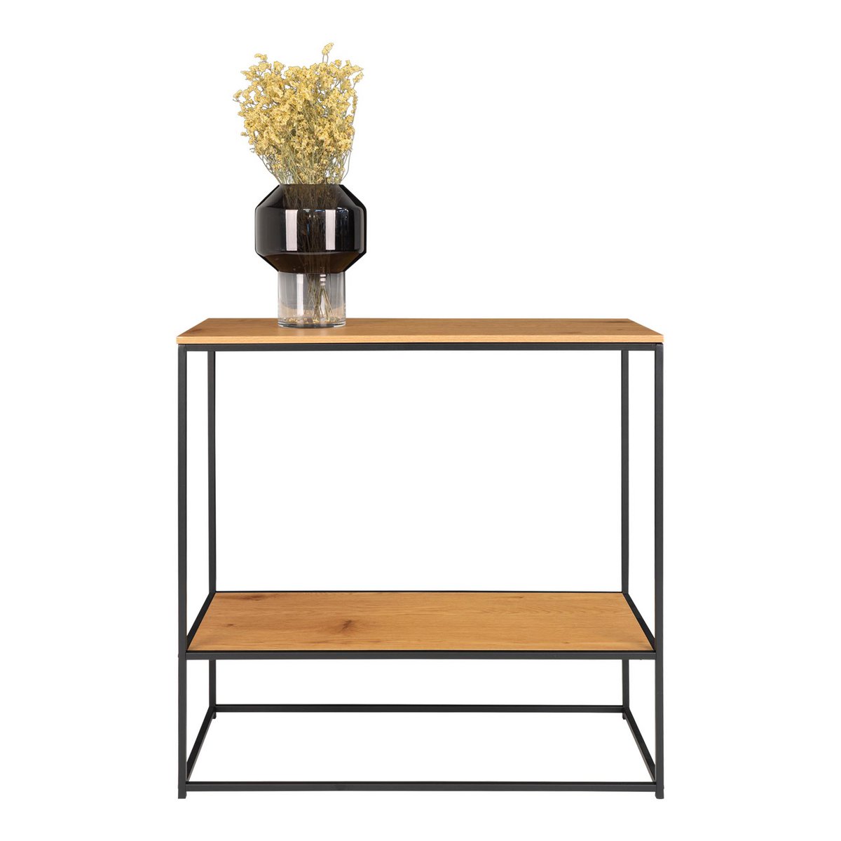 Oak Look Console Table - Black Steel Frame, 80cm | House Nordic
