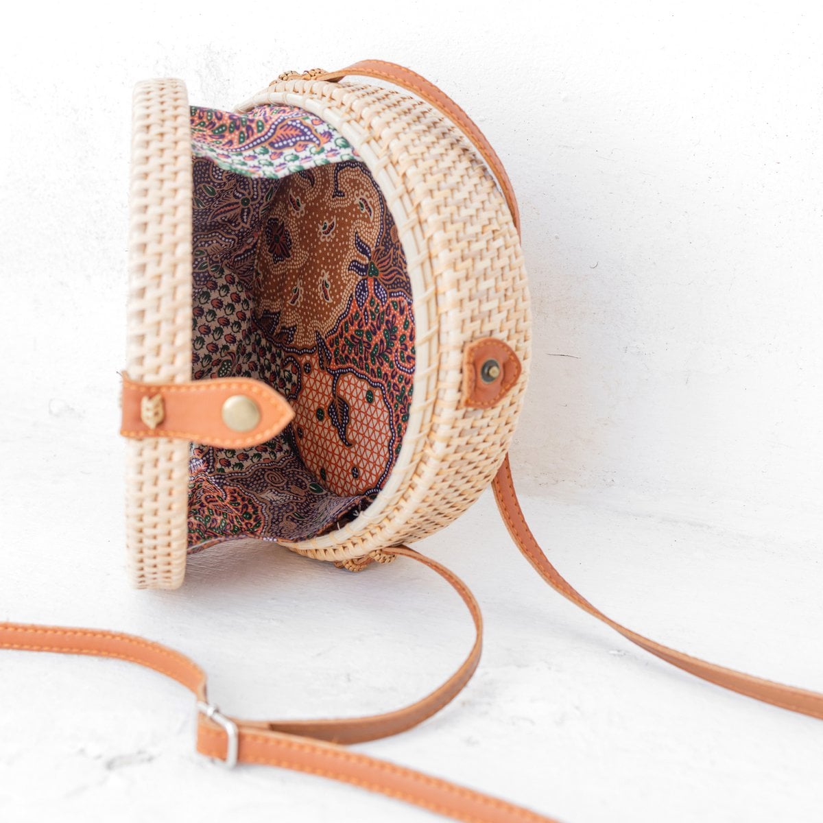 Rattan Crossbody Bag - Beige Boho Bali Bag with Leather Straps