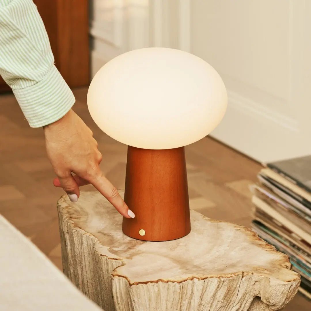 Max Chestnut Brown Wooden Cordless Table Lamp | Rechargeable, Glass, Sustainable Design