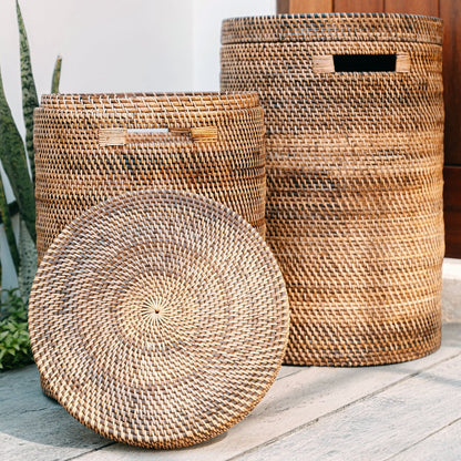 Rattan Laundry Basket with Lid - Boho Woven Storage - Brown