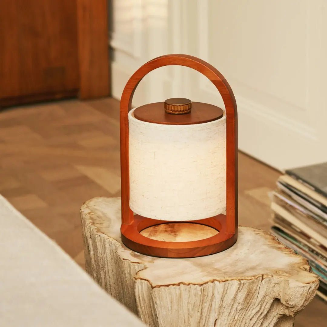 Wooden Rechargeable Table Lamp - Chestnut Brown Linen Blend, 27cm