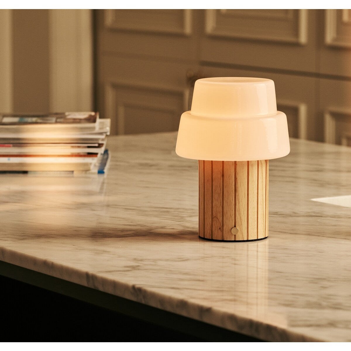 Lio Light Brown Rechargeable Table Lamp | Cordless, 3 Light Modes & Glass Lampshade
