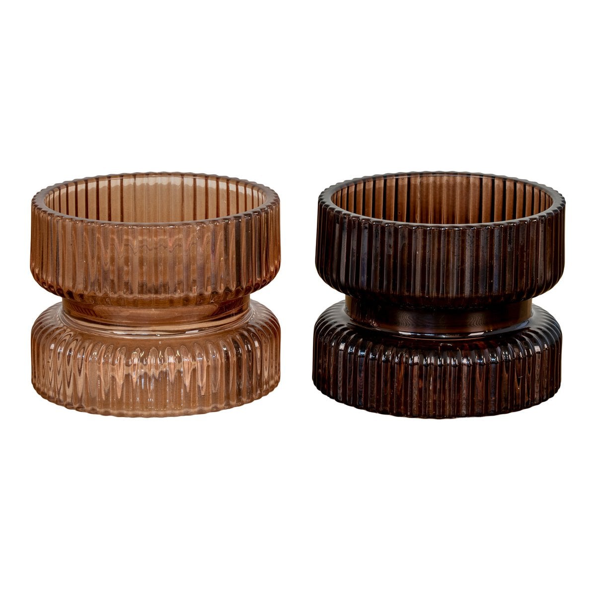 Candle Holder - Amber/Brown Glass, Ø9x7 cm - Set of 2