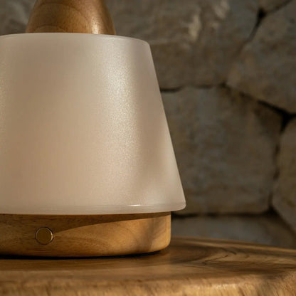 Rechargeable Table Lamp - Brown Wood & Leather, Dimmable