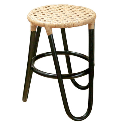 Rattan Stool with Woven Seat – Black Round Accent Stool, 35cm