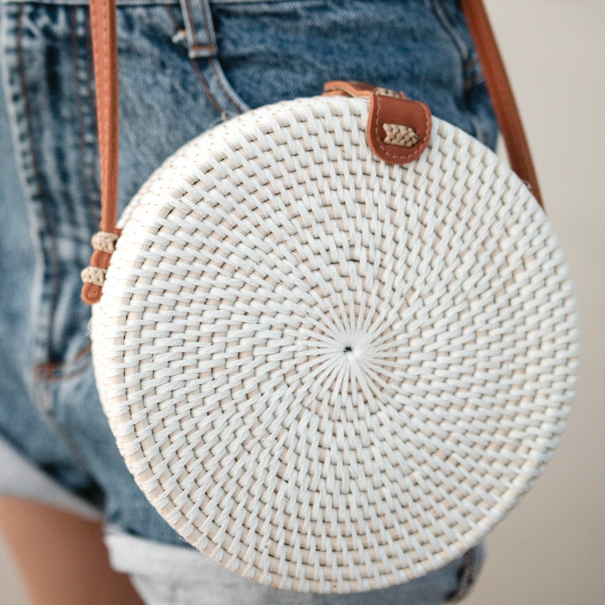 Rattan Crossbody Bag White - Handmade Boho Bali Shoulder Bag