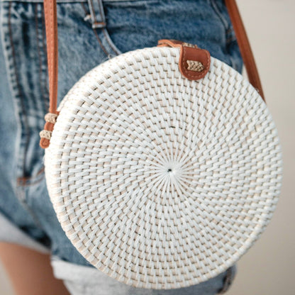 Rattan Crossbody Bag White - Handmade Boho Bali Shoulder Bag