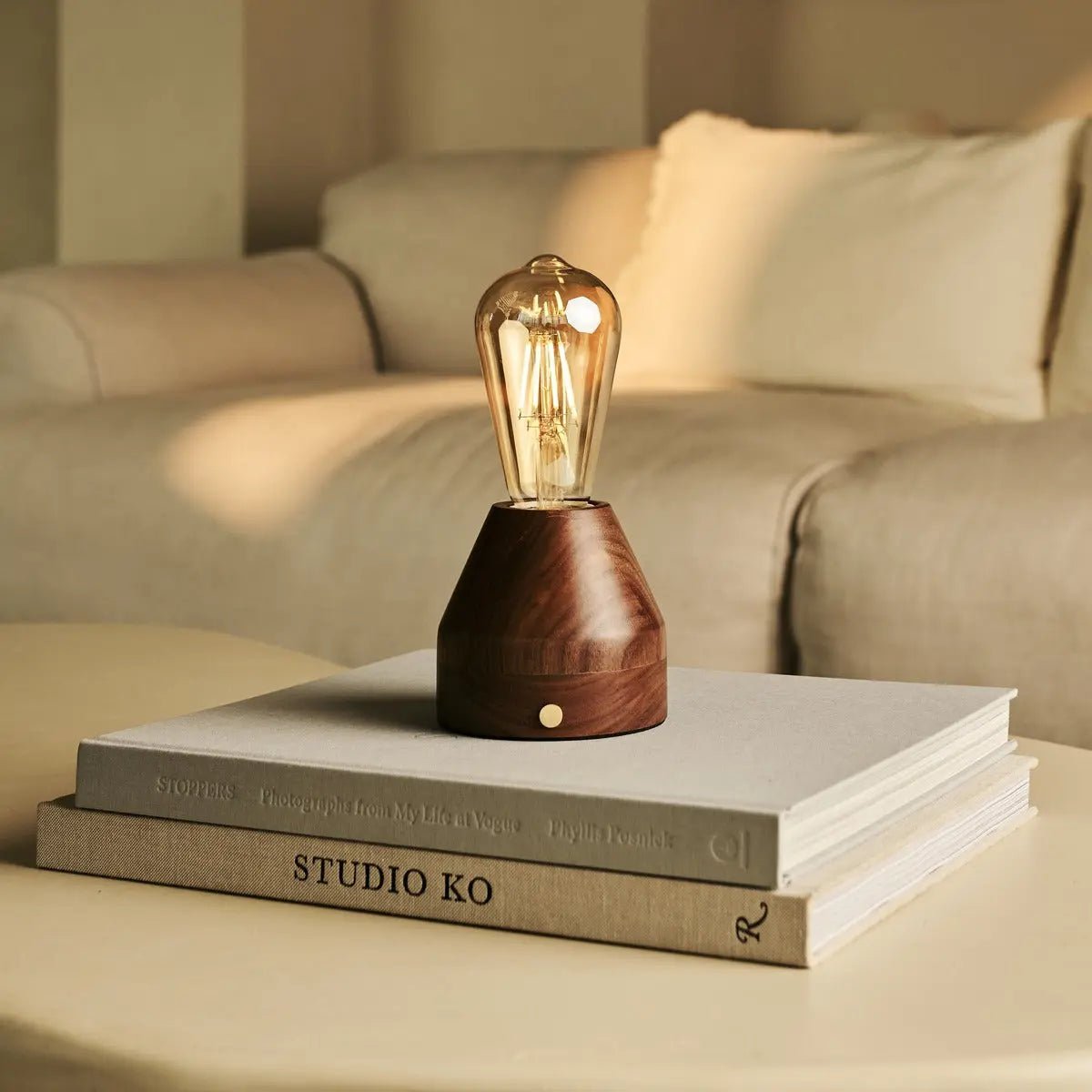 Zavi Walnut Rechargeable Table Lamp | LED, Cordless & 80-Hour Battery Life