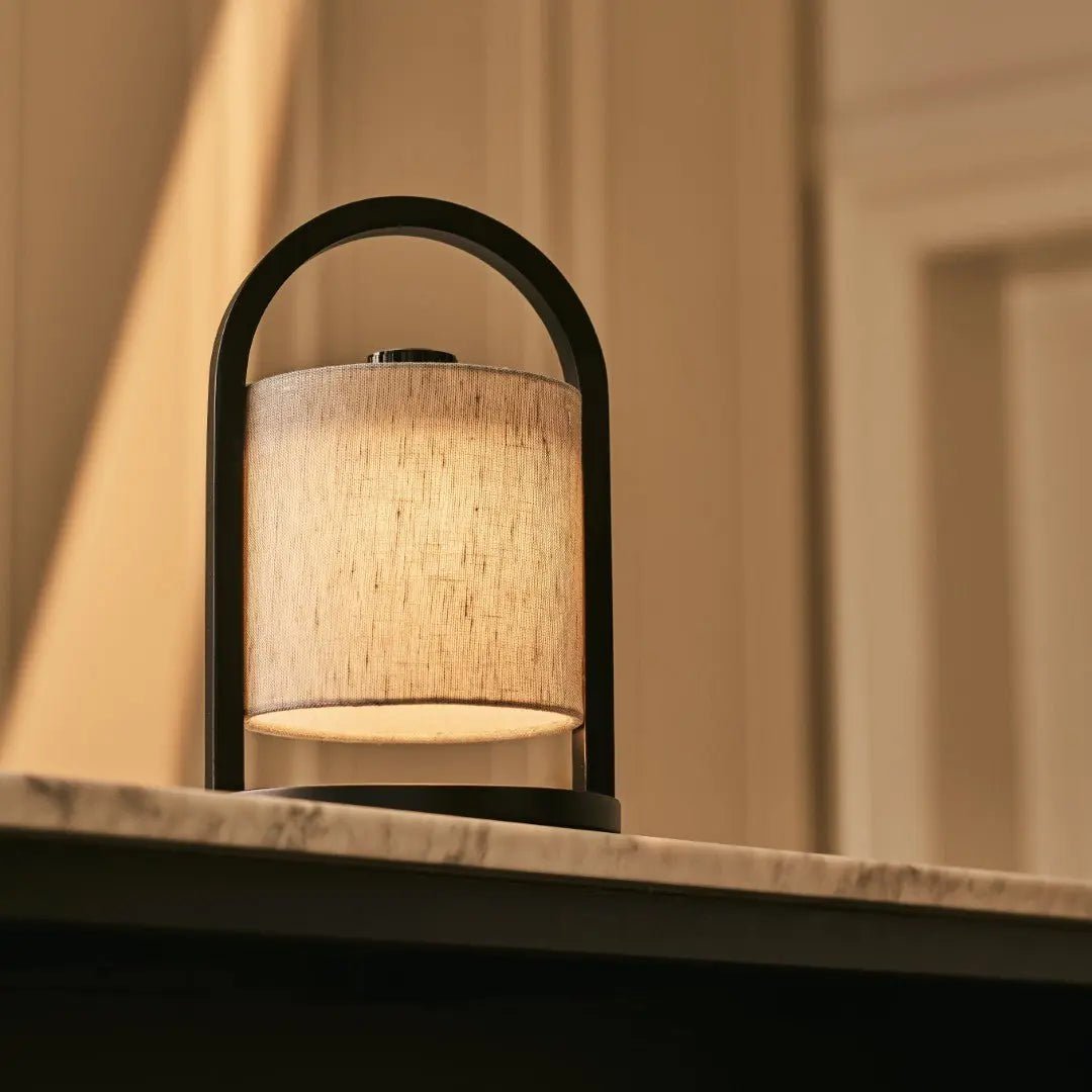 Wooden Rechargeable Table Lamp - Black & Grey Linen Blend, Cordless