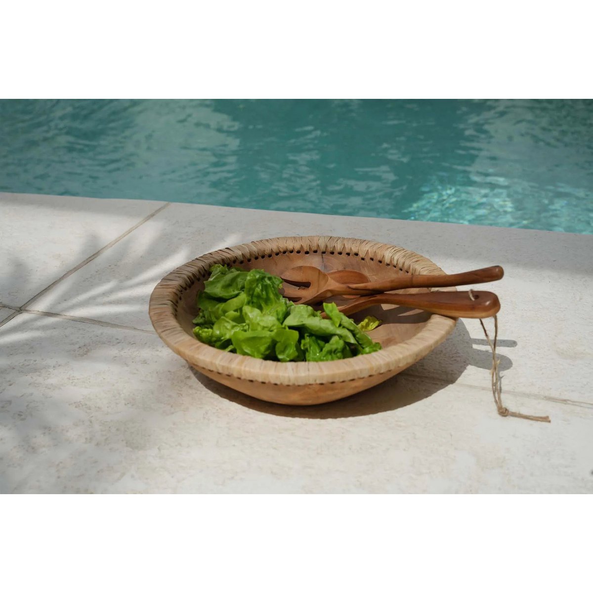 Teak Wood Bowl - Natural Raffia Decorative Bowl - Large