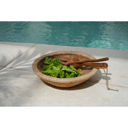 Teak Wood Bowl - Natural Raffia Decorative Bowl - Large