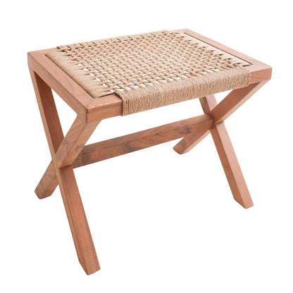 Tabouret en bois INDRA (beige) en Trembesi avec assise en papier recyclé tressé