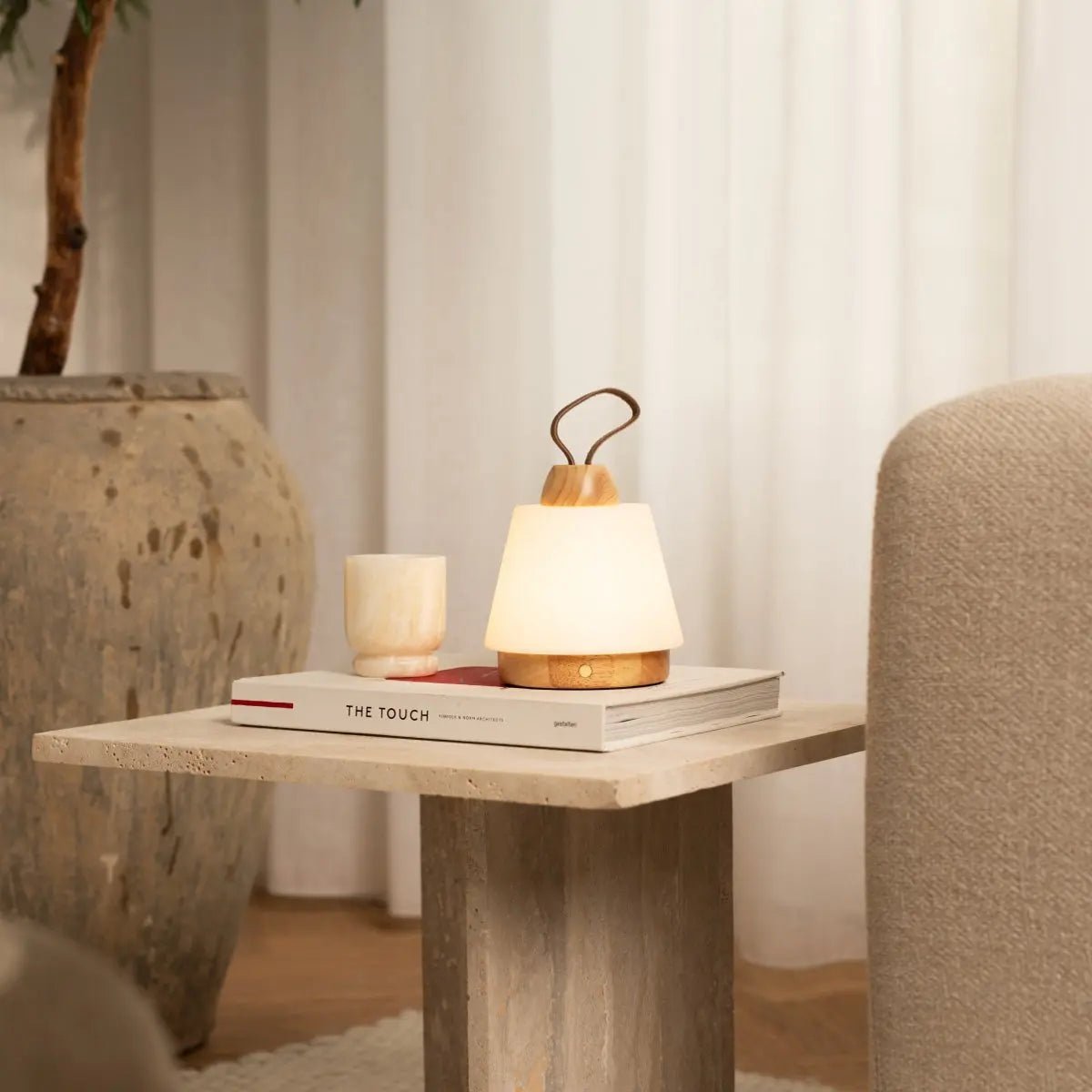 Rechargeable Table Lamp - Brown Wood & Leather, Dimmable