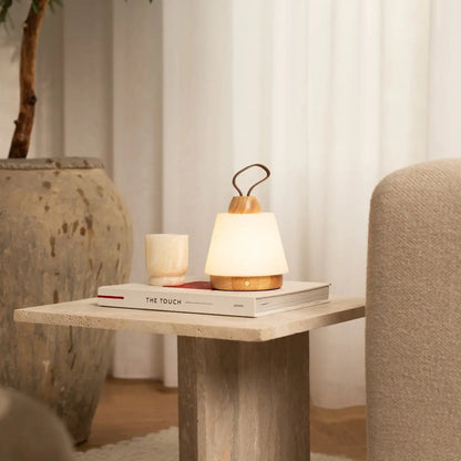 Rechargeable Table Lamp - Brown Wood & Leather, Dimmable