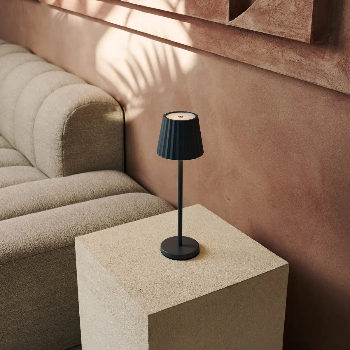Stone Grey Ribbed Table Lamp - Cordless Rechargeable LED Lamp