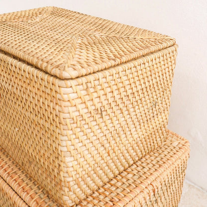 Panier de rangement avec couvercle – Panier d'étagère en rotin beige – Panier décoratif tressé à la main GRAHA (2 tailles)