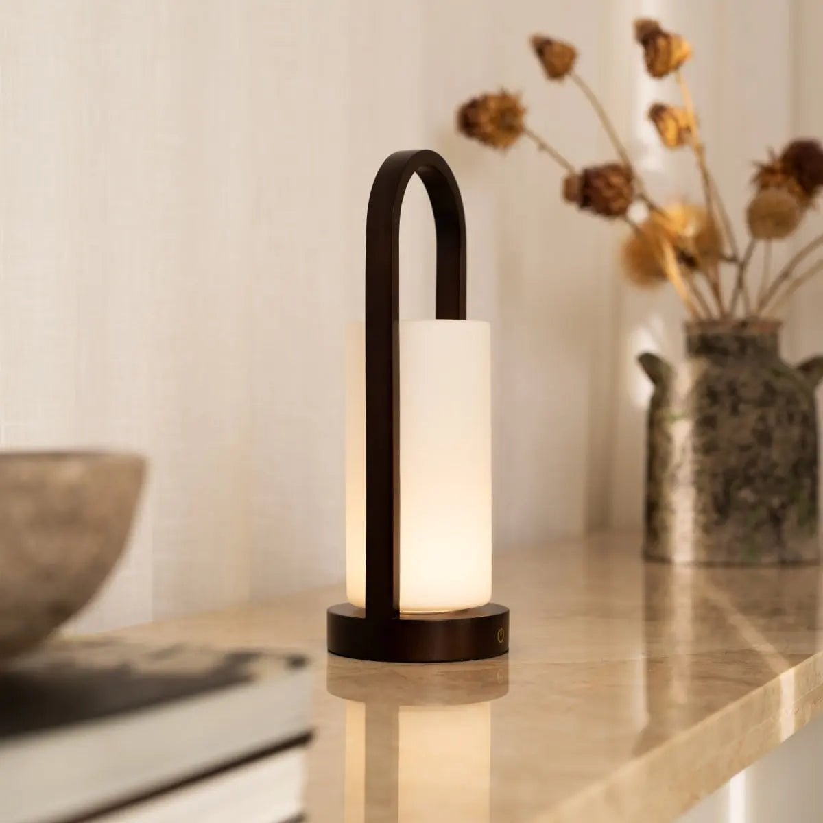 Scandinavian Wooden Table Lamp – Cordless Dimmable LED, Dark Brown
