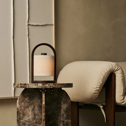 Wooden Rechargeable Table Lamp - Dark Brown Linen Blend, 100-Hour Battery