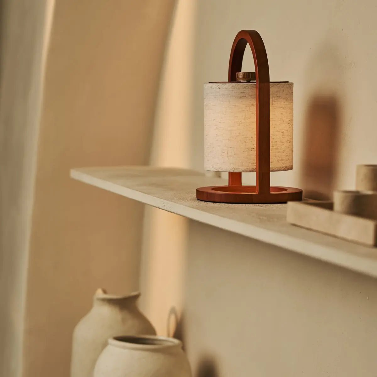 Wooden Rechargeable Table Lamp - Chestnut Brown Linen Blend, 27cm