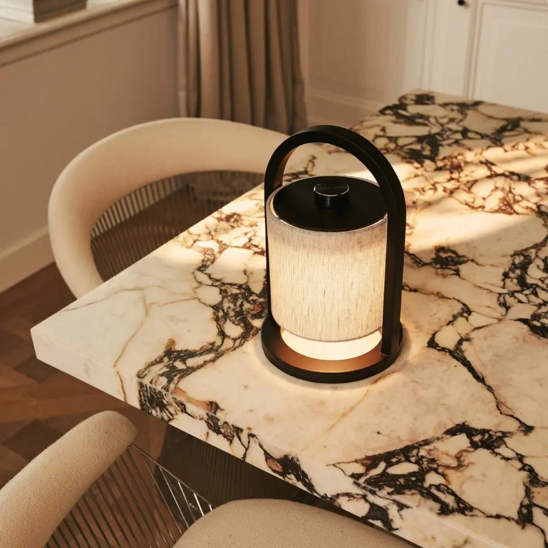 Wooden Rechargeable Table Lamp - Black & Grey Linen Blend, Cordless