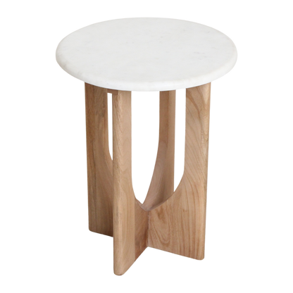 Marble Side Table - White Accent Table, Mango Wood Base, 30x30x50 cm