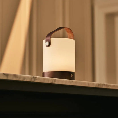 Avery Dark Brown Rechargeable Wooden Table Lamp | Leather Strap, Cordless & Dimmable