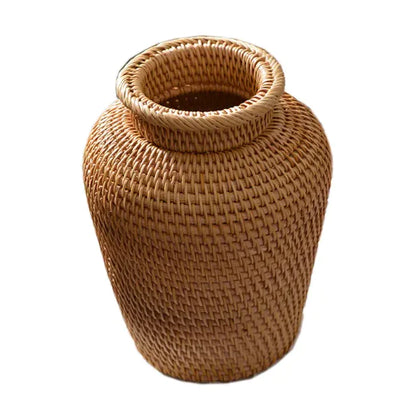 Natural Rattan Storage Vase French Country Handwoven Khaki Decor