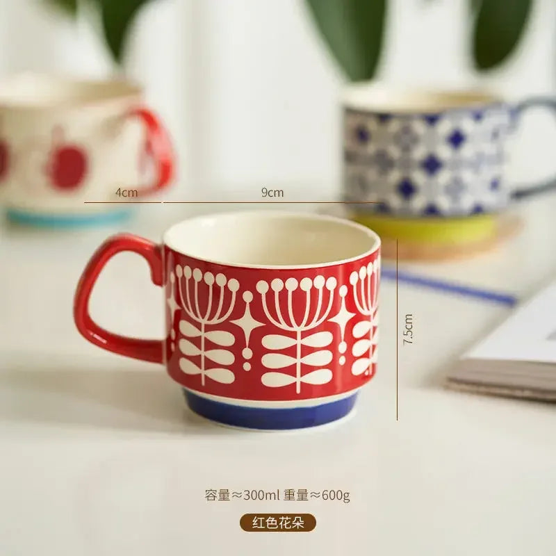 laysda 300ml Japanese Flower Coffee Mug Set Retro Ceramic Milk Oats Mug Office Water Handgrip Cup Kitchen Party Drinkware Set