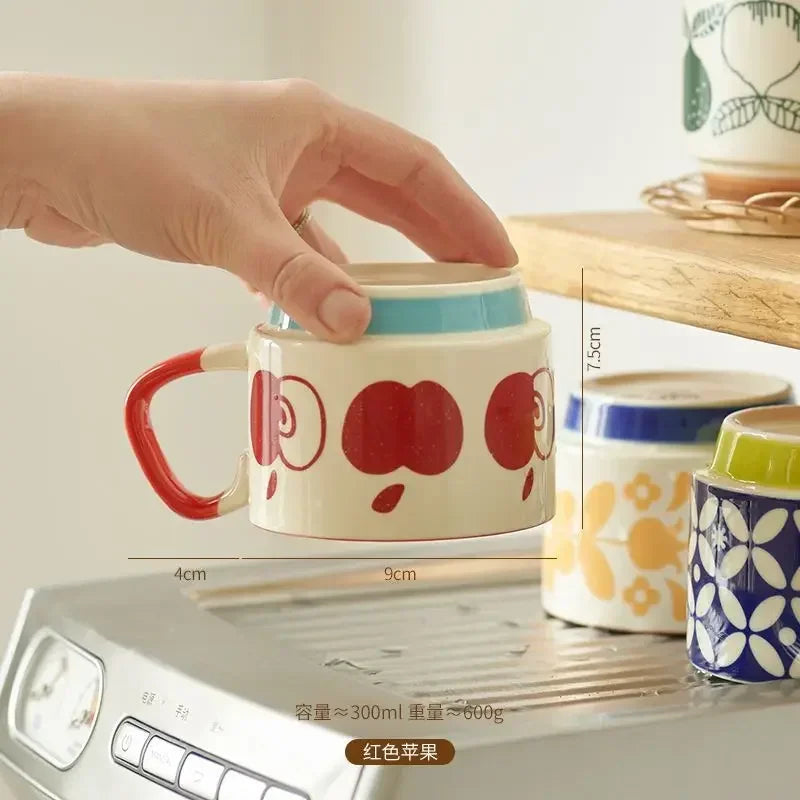 laysda 300ml Japanese Flower Coffee Mug Set Retro Ceramic Milk Oats Mug Office Water Handgrip Cup Kitchen Party Drinkware Set
