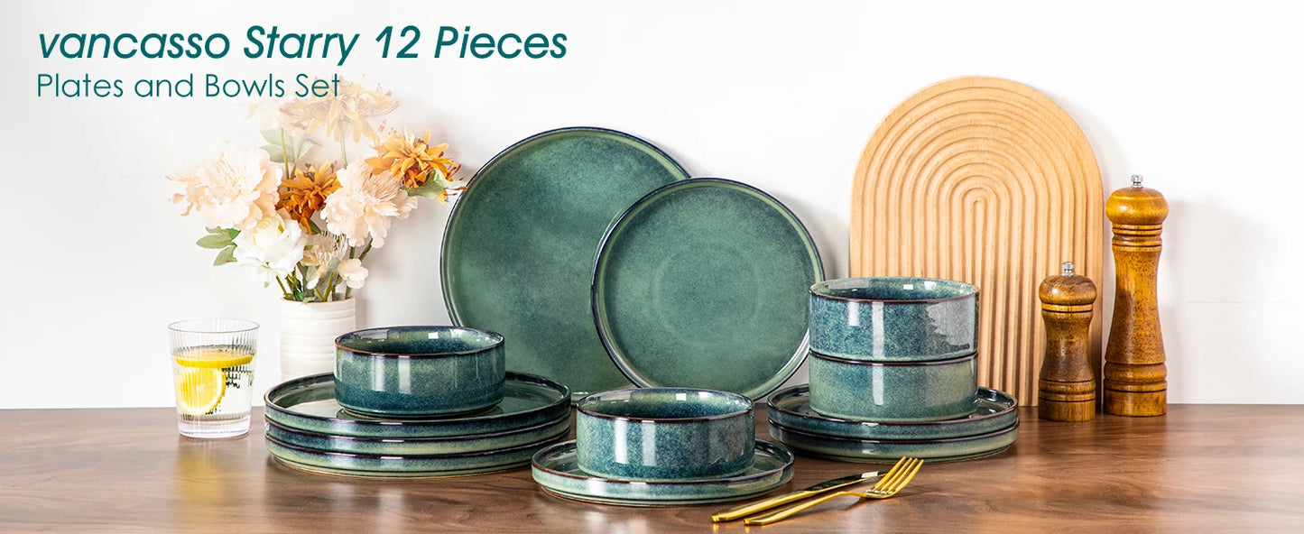 vancasso 12/24 Piece Dinner set Black Green Reactive Glaze Vertical edge Dinnerware set with 4PCS Dinner Plate/ Dessert/Bowl
