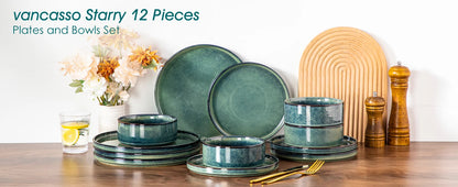 vancasso 12/24 Piece Dinner set Black Green Reactive Glaze Vertical edge Dinnerware set with 4PCS Dinner Plate/ Dessert/Bowl