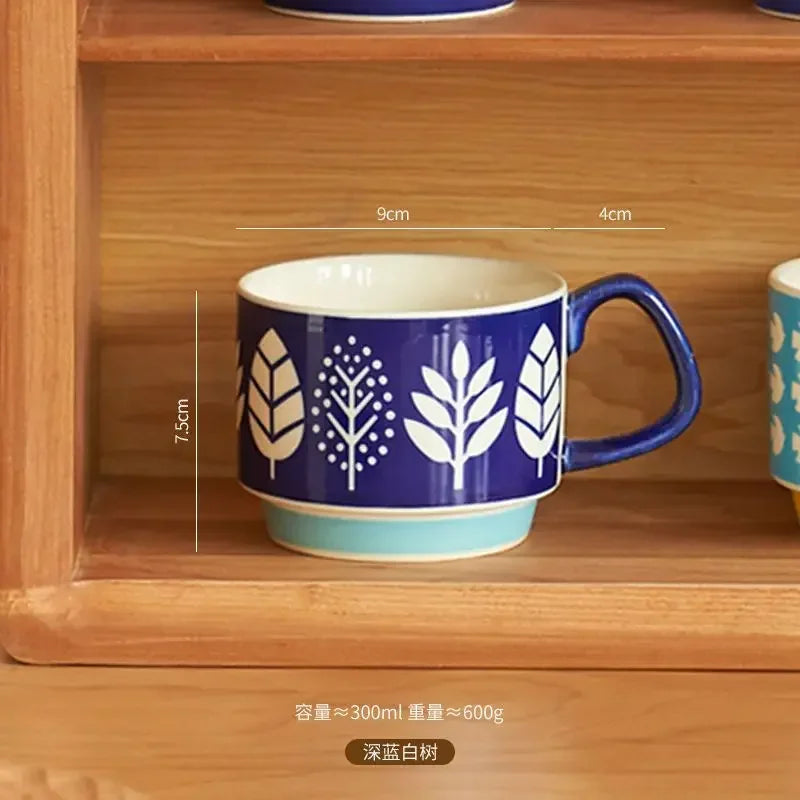 laysda 300ml Japanese Flower Coffee Mug Set Retro Ceramic Milk Oats Mug Office Water Handgrip Cup Kitchen Party Drinkware Set