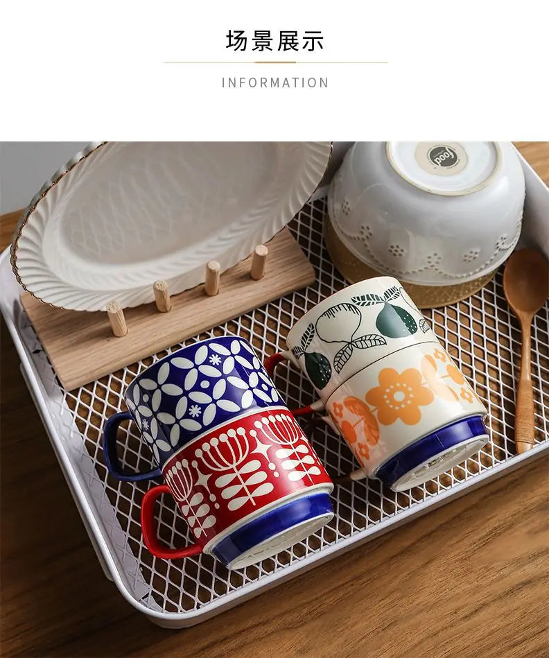 laysda 300ml Japanese Flower Coffee Mug Set Retro Ceramic Milk Oats Mug Office Water Handgrip Cup Kitchen Party Drinkware Set