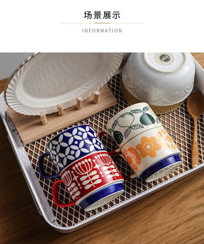 laysda 300ml Japanese Flower Coffee Mug Set Retro Ceramic Milk Oats Mug Office Water Handgrip Cup Kitchen Party Drinkware Set