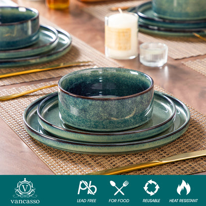 vancasso 12/24 Piece Dinner set Black Green Reactive Glaze Vertical edge Dinnerware set with 4PCS Dinner Plate/ Dessert/Bowl