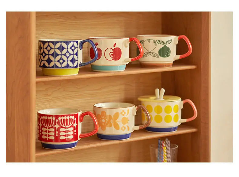 laysda 300ml Japanese Flower Coffee Mug Set Retro Ceramic Milk Oats Mug Office Water Handgrip Cup Kitchen Party Drinkware Set