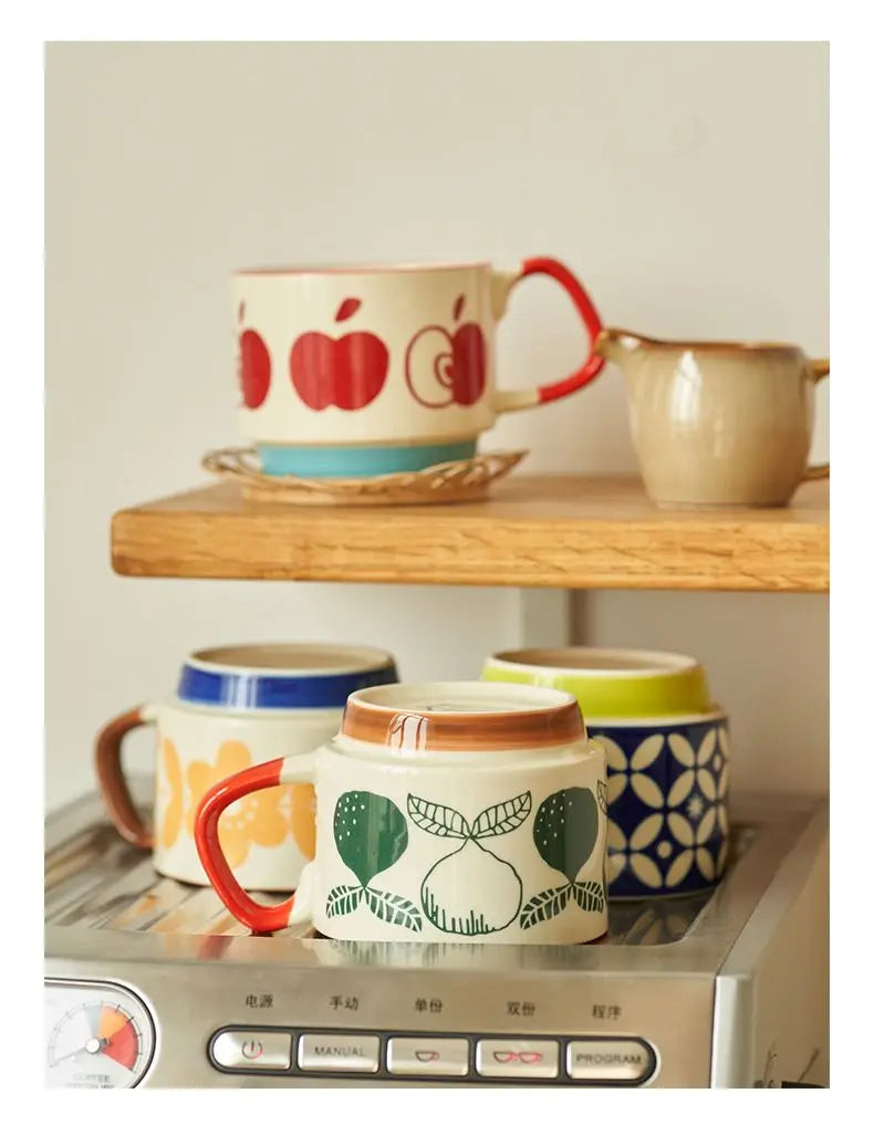 laysda 300ml Japanese Flower Coffee Mug Set Retro Ceramic Milk Oats Mug Office Water Handgrip Cup Kitchen Party Drinkware Set