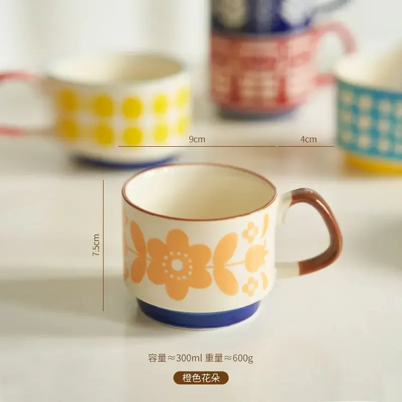 laysda 300ml Japanese Flower Coffee Mug Set Retro Ceramic Milk Oats Mug Office Water Handgrip Cup Kitchen Party Drinkware Set
