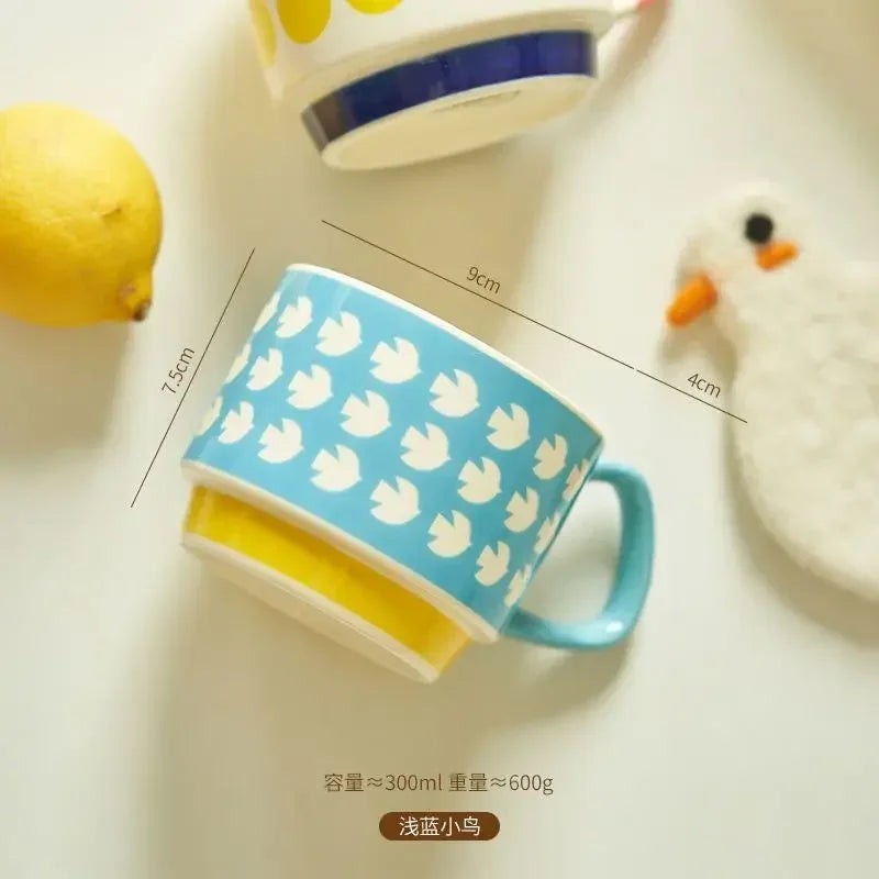 laysda 300ml Japanese Flower Coffee Mug Set Retro Ceramic Milk Oats Mug Office Water Handgrip Cup Kitchen Party Drinkware Set