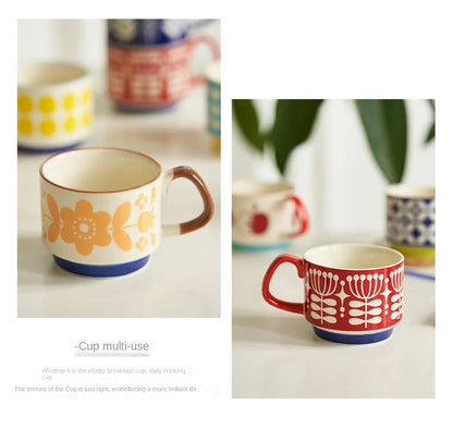 laysda 300ml Japanese Flower Coffee Mug Set Retro Ceramic Milk Oats Mug Office Water Handgrip Cup Kitchen Party Drinkware Set