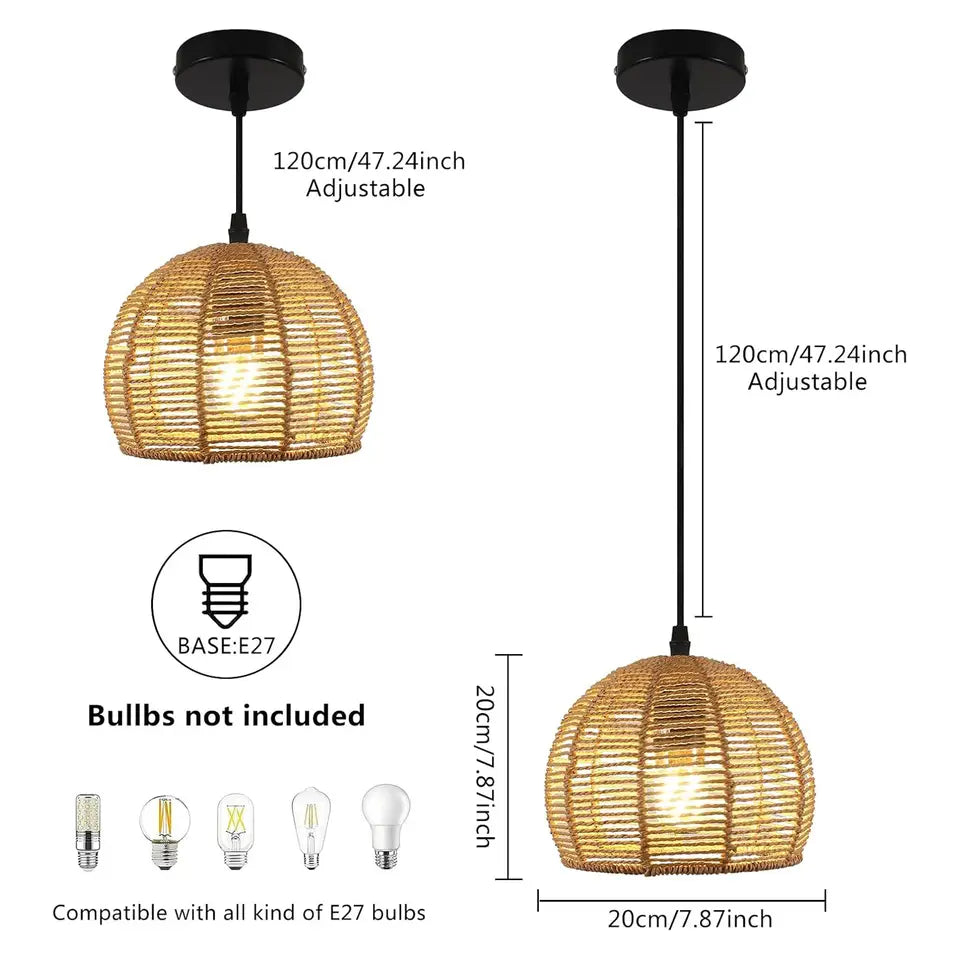 Rattan Pendant Light - Boho Woven Shade for Dining Room