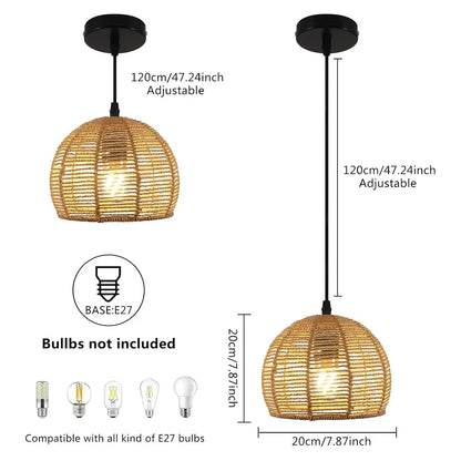 Rattan Pendant Light - Boho Woven Shade for Dining Room
