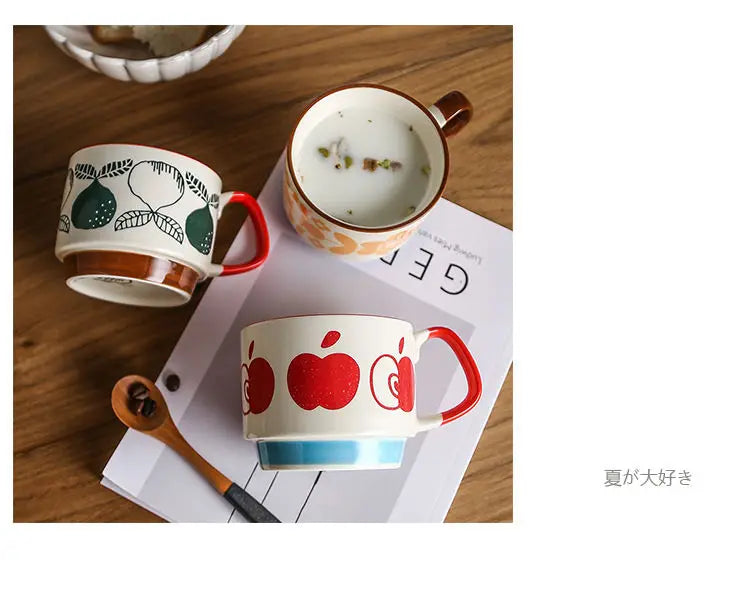 laysda 300ml Japanese Flower Coffee Mug Set Retro Ceramic Milk Oats Mug Office Water Handgrip Cup Kitchen Party Drinkware Set
