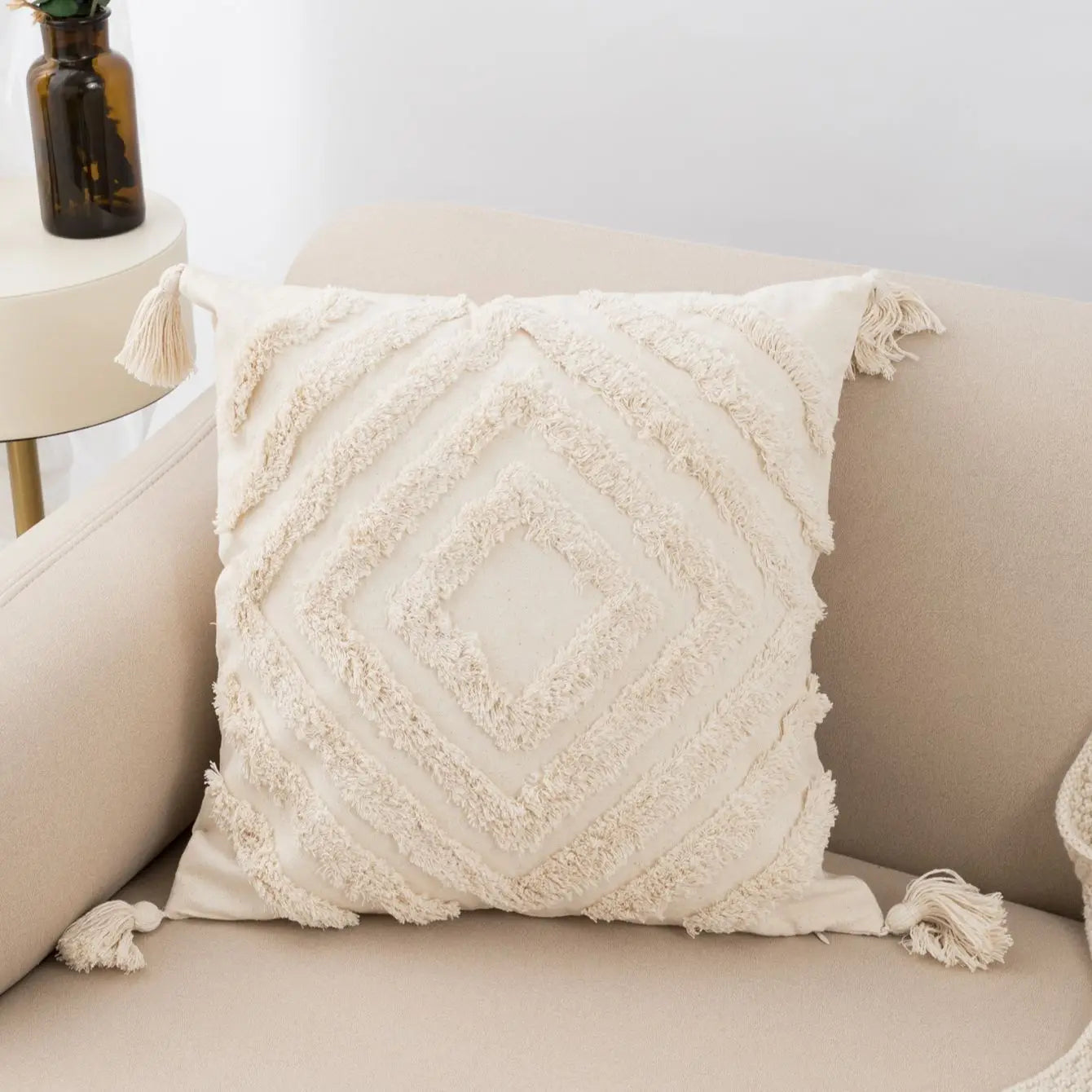 1pc beige tufted pillowcase fringed lumbar cushion fits the sofa bedroom