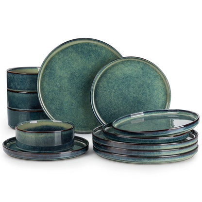 vancasso 12/24 Piece Dinner set Black Green Reactive Glaze Vertical edge Dinnerware set with 4PCS Dinner Plate/ Dessert/Bowl