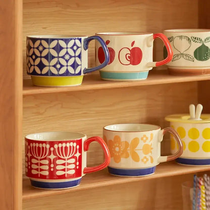 laysda 300ml Japanese Flower Coffee Mug Set Retro Ceramic Milk Oats Mug Office Water Handgrip Cup Kitchen Party Drinkware Set