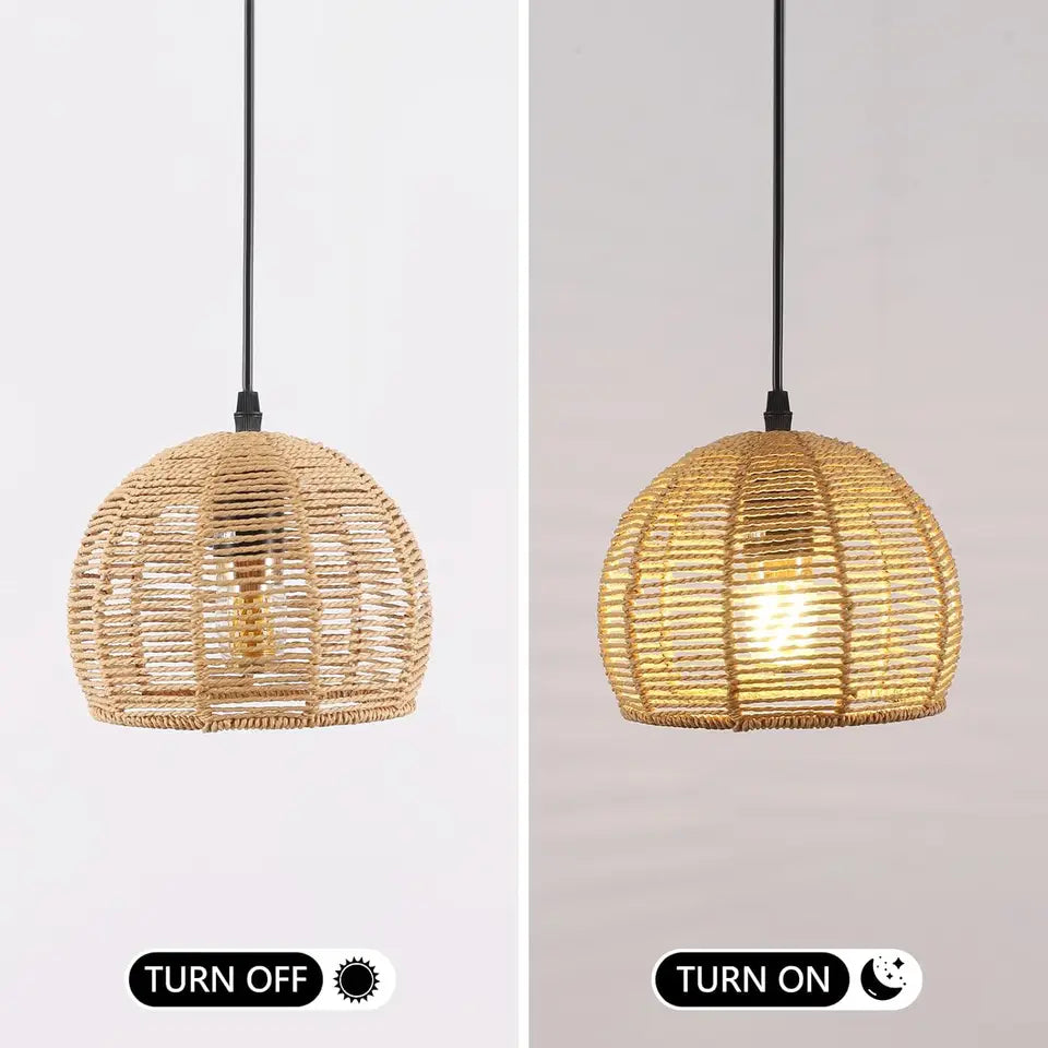 Rattan Pendant Light - Boho Woven Shade for Dining Room
