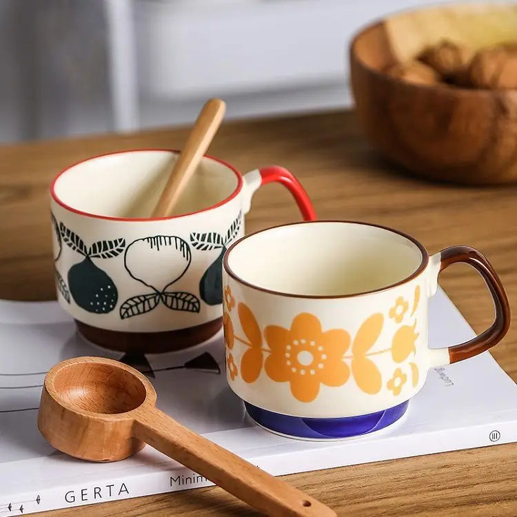 laysda 300ml Japanese Flower Coffee Mug Set Retro Ceramic Milk Oats Mug Office Water Handgrip Cup Kitchen Party Drinkware Set